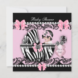 Baby Shower Söt Babyflicka Rosa Zebra Spets 2 Inbjudningar