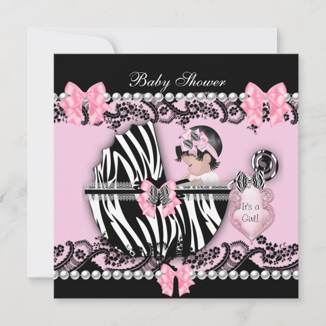 Baby Shower Söt Babyflicka Rosa Zebra Spets 2 Inbjudningar (Framsida)