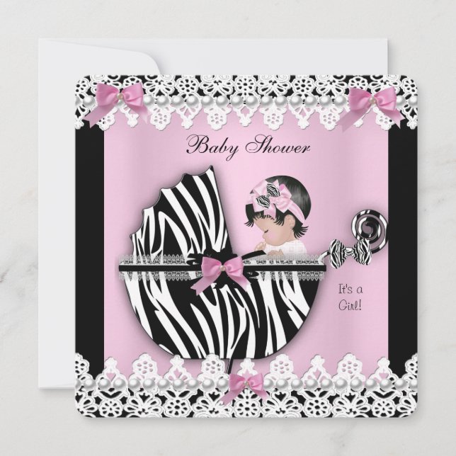 Baby Shower Söt Babyflicka Rosa Zebra Spets a Inbjudningar (Framsida)