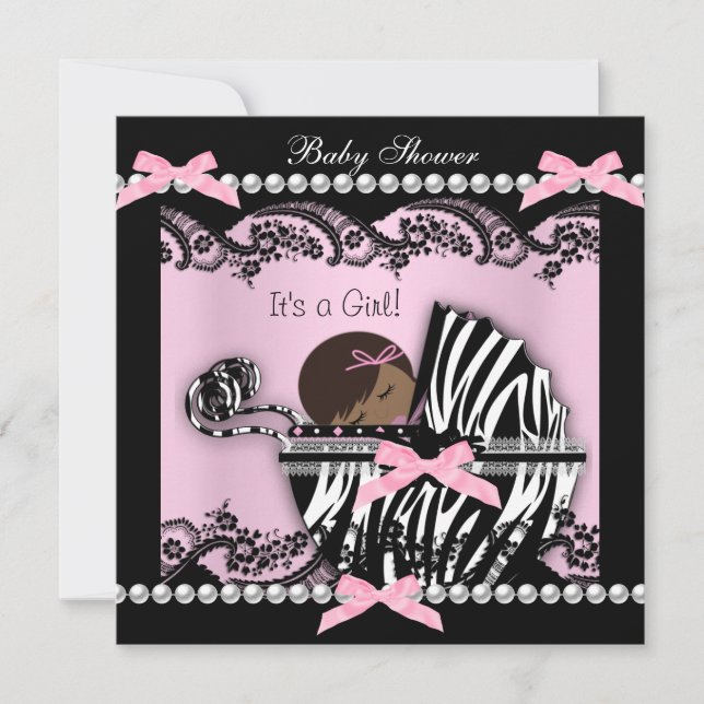 Baby Shower Söt Babyflicka Rosa Zebra Spets Inbjudningar (Framsida)