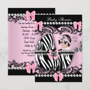 Baby Shower Söt Babyflicka Rosa Zebra Spets Inbjudningar