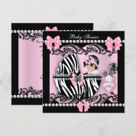 Baby Shower Söt Babyflicka Rosa Zebra Spets Inbjudningar