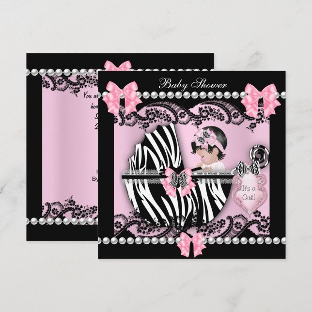 Baby Shower Söt Babyflicka Rosa Zebra Spets Inbjudningar (Fram/baksida)