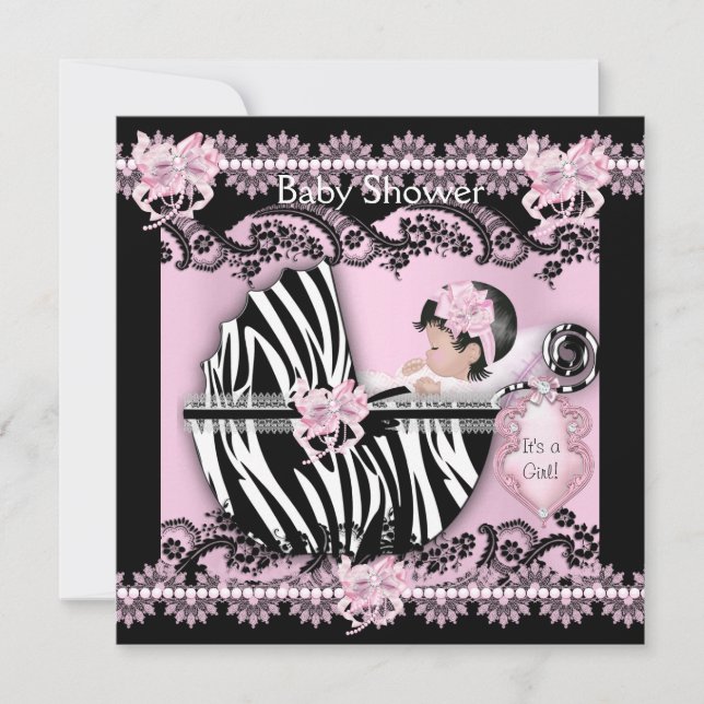Baby Shower Söt Babyflicka Rosa Zebra Spets NY Inbjudningar (Framsida)
