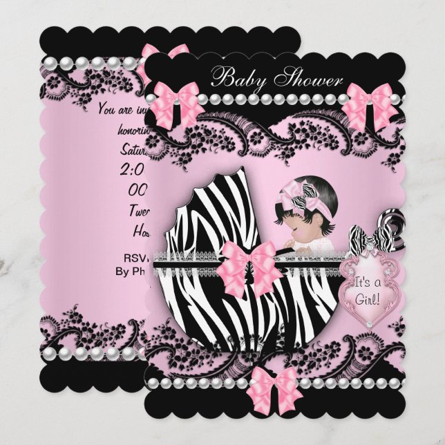 Baby Shower Söt Babyflicka Rosa Zebra Spetsig Kant Inbjudningar (Fram/baksida)