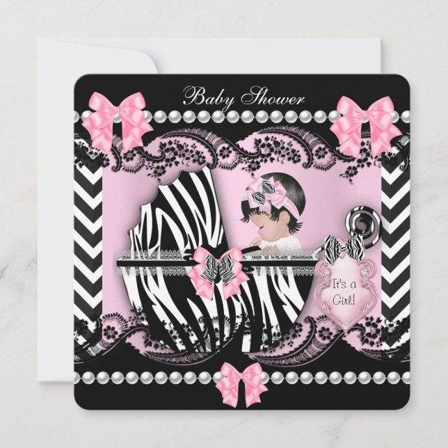 Baby Shower Söt Babyflicka Rosa Zebra Spetsrand Inbjudningar (Framsida)