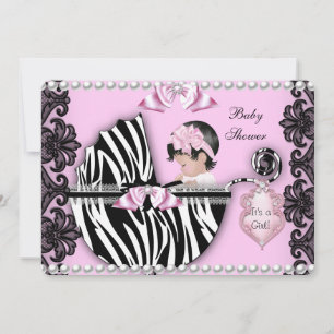 Baby Shower Söt Babyflicka Rosa Zebra Vagn 2 Inbjudningar