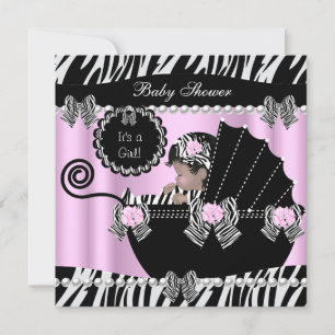 Baby Shower Söt Babyflicka Rosa Zebra Vagn Inbjudningar