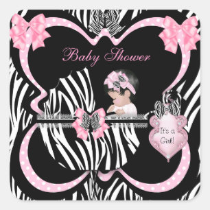 Baby Shower Söt Babyflicka Rosa Zebrafläckar Fyrkantigt Klistermärke