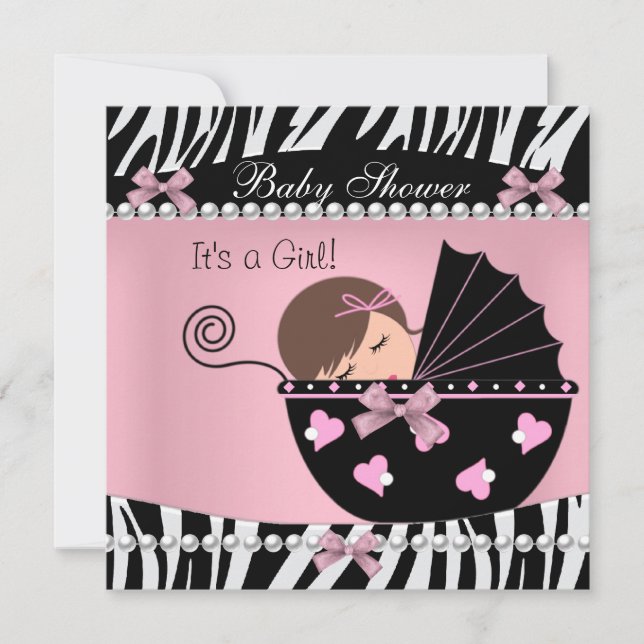 Baby Shower Söt Babyflicka Rosa Zebraprint Inbjudningar (Framsida)