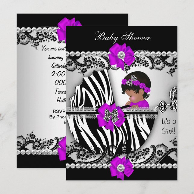 Baby Shower Söt Babyflicka Zebra Lila Rosa Svart Inbjudningar (Fram/baksida)