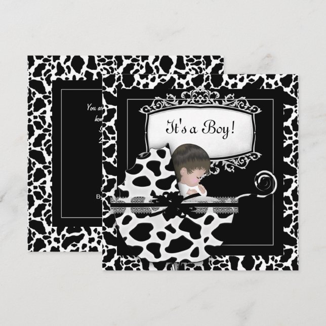 Baby Shower Söt Bebis Kärra Ko Svart Vit Inbjudningar (Fram/baksida)