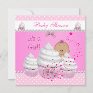 Baby Shower Söt Flicka Rosa Cupcake Strössel Inbjudningar