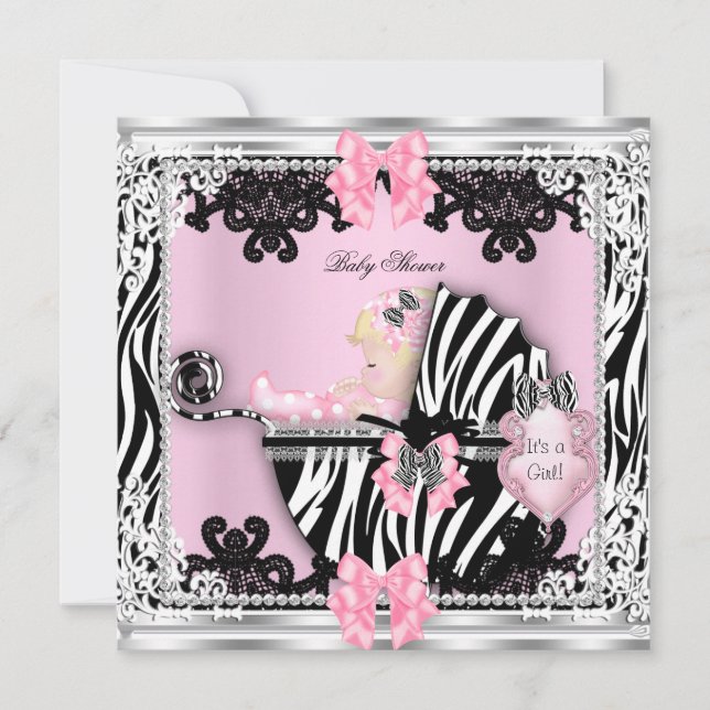 Baby Shower Söt Flicka Zebra Vagn Blond Bebis Flic Inbjudningar (Framsida)