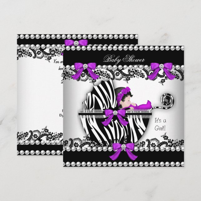 Baby Shower Söt Flicka Zebra Vagn Pärl 3 Inbjudningar (Fram/baksida)