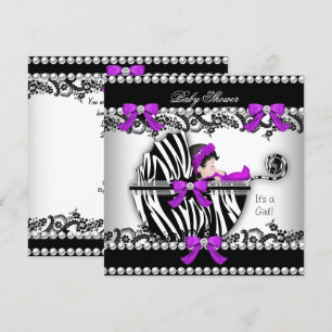 Baby Shower Söt Flicka Zebra Vagn Pärl 3 Inbjudningar