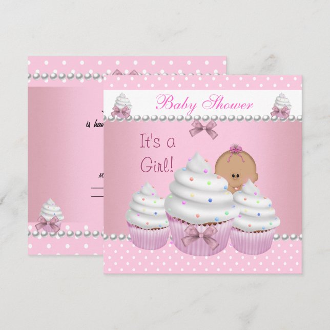 Baby Shower Söt Flickas Rosa Cupcake Strössel Inbjudningar (Fram/baksida)