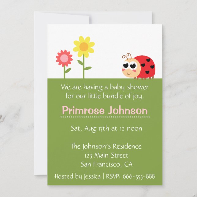 Baby Shower: Söt liten nyckelpiga i en trädgård Inbjudningar (Framsida)
