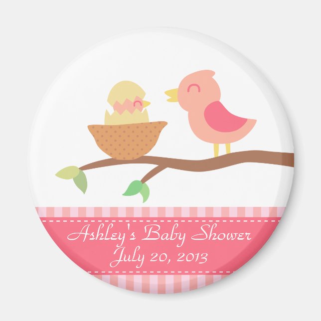 Baby Shower: Söt rosa fågel med nykläckt unge Magnet (Framsidan)