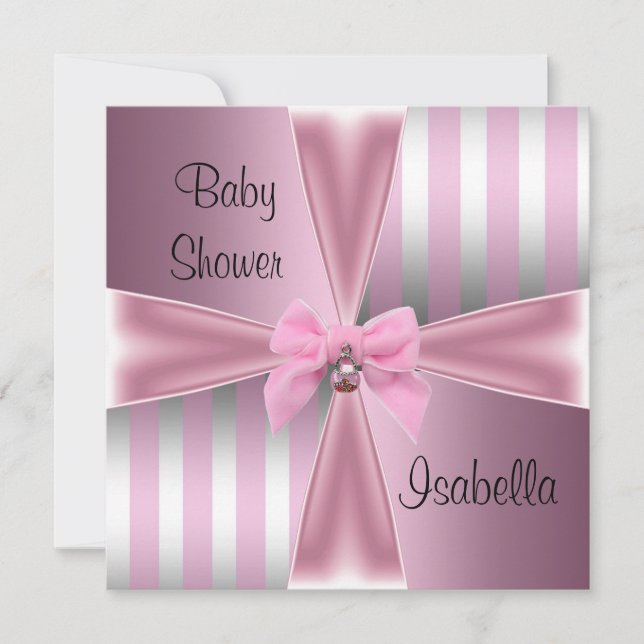 Baby Shower Söt Satin Rosa Silver Rand Bow Inbjudningar (Framsida)