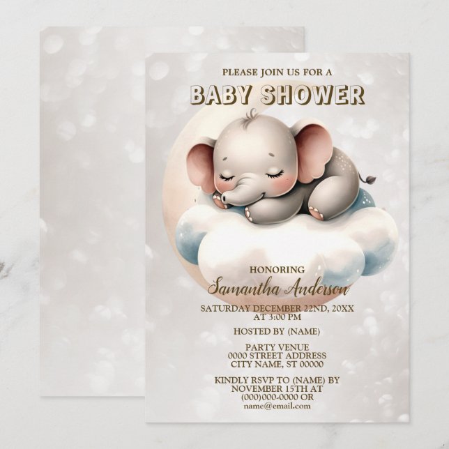 Baby Shower Söt sovande baby elefant vacker Inbjudningar (Fram/baksida)