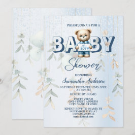 Baby Shower Söt Teddybjörn Blå Blommig Inbjudningar