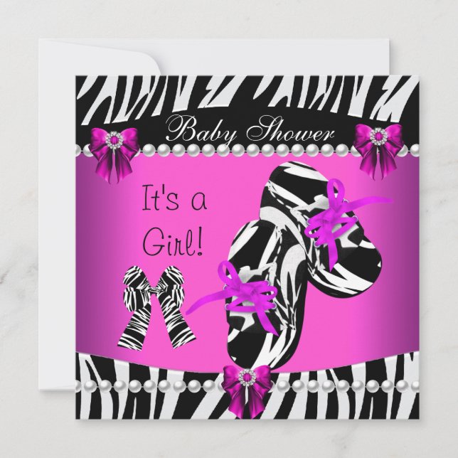 Baby Shower Söta Bebis Flickas Rosa Zebra Skor Inbjudningar (Framsida)