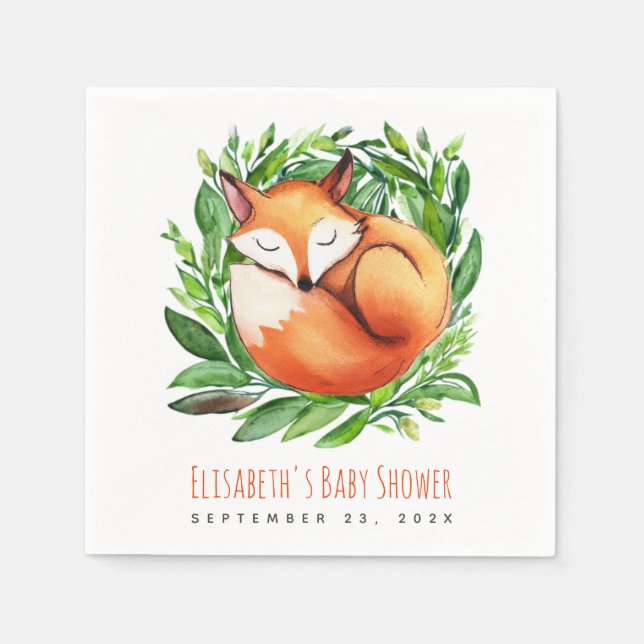 Baby Shower Söta Sovande Räv Akvarell Skogstema Pappersservett (Framsidan)