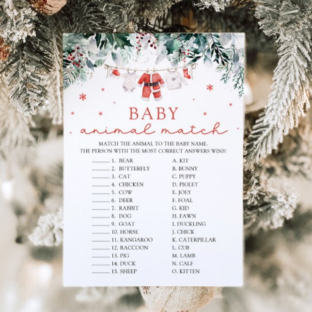 Baby Shower-spel för jultomten Baby djur Match Inbjudningar (Watercolor Cute Christmas Santa Baby Animal Match Baby Shower Game)