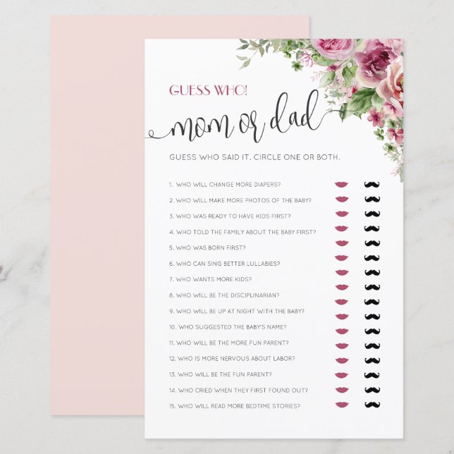 Baby Shower-spel för mamma eller pappa (Fram/baksida)