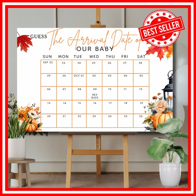 Baby Shower SPEL Gissa Förlossningsdatum En Liten  Poster (GUESS THE ARRIVAL DUE DATE Baby Shower Game with Answers A Little Pumpkin is on the Way Theme)