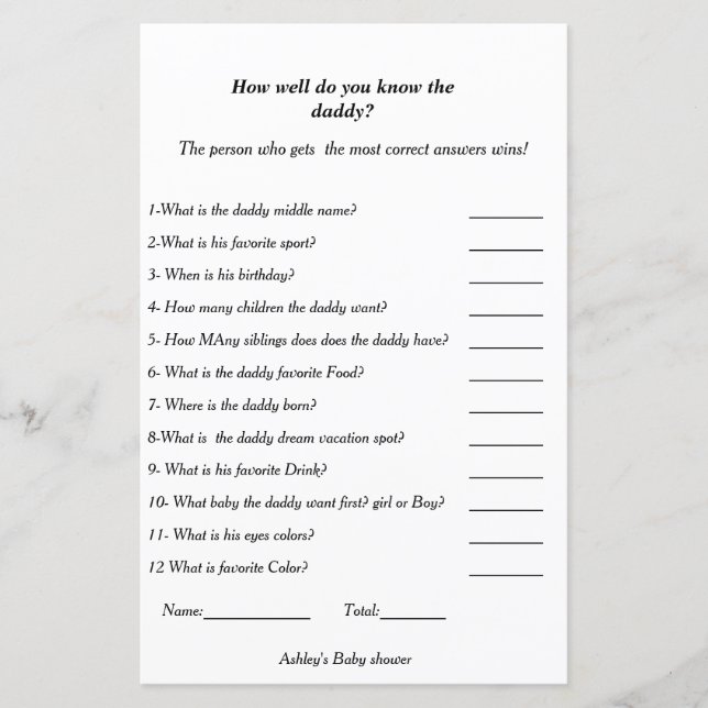 Baby shower spel hur väl känner du pappan (Framsida)