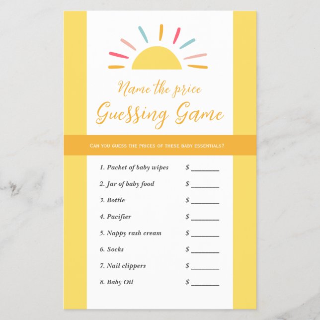 Baby Shower-spelet lakan gissar prist, Sol Miracle Flygblad (Framsidan)