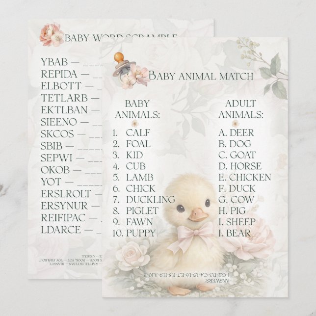 Baby Shower Spelkort | Babyns Bokstavsblandning Rådkort (Fram/baksida)