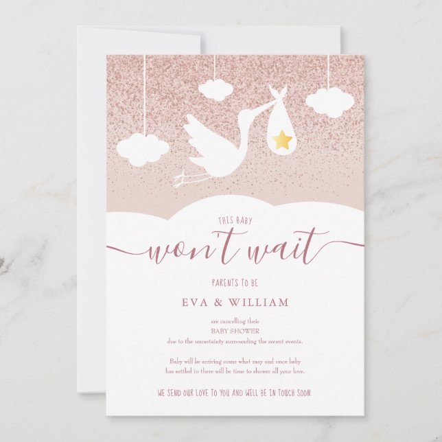 Baby Shower, Sprinkle Cancelation Stork Glitter Inbjudningar (Framsida)