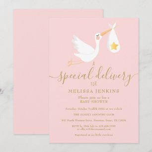 Baby Shower Sprinkle Specialleverans Stork Rosa Inbjudningar