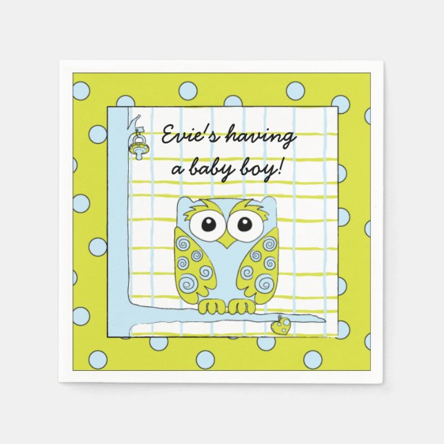 Baby Shower Standard Cocktail Napkin Blue Uggla Pappersservett (Framsidan)