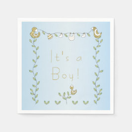 Baby Shower Standard Napkin BLUE "Guld Birds" Pappersservett