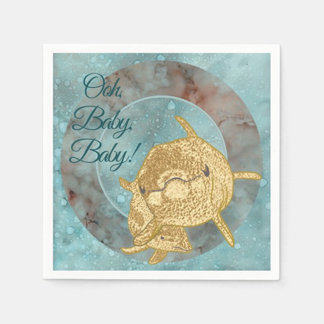 Baby Shower Standard Napkin Guld Dolphin Baby Mamm Pappersservett (Framsidan)