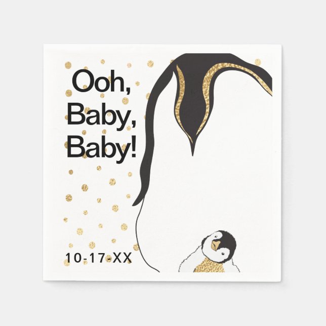Baby Shower Standard Napkin "Guld Penguin" Pappersservett (Framsidan)
