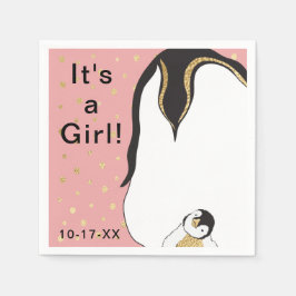 Baby Shower Standard Napkin "Guld/Rosa Penguin" Pappersservett