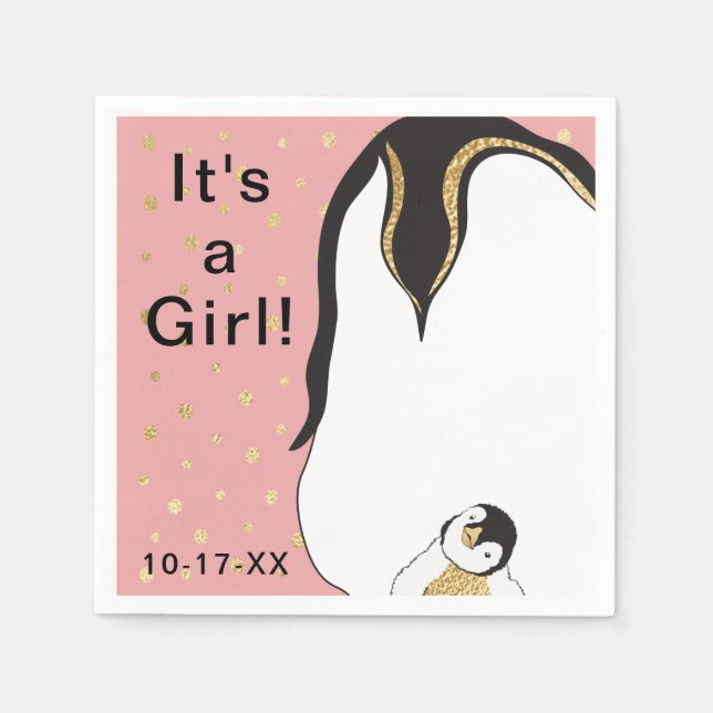 Baby Shower Standard Napkin "Guld/Rosa Penguin" Pappersservett (Framsidan)