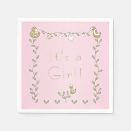 Baby Shower Standard Servett Rosa "Gulda Fåglar"