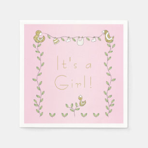 Baby Shower Standard Servett Rosa "Gulda Fåglar"