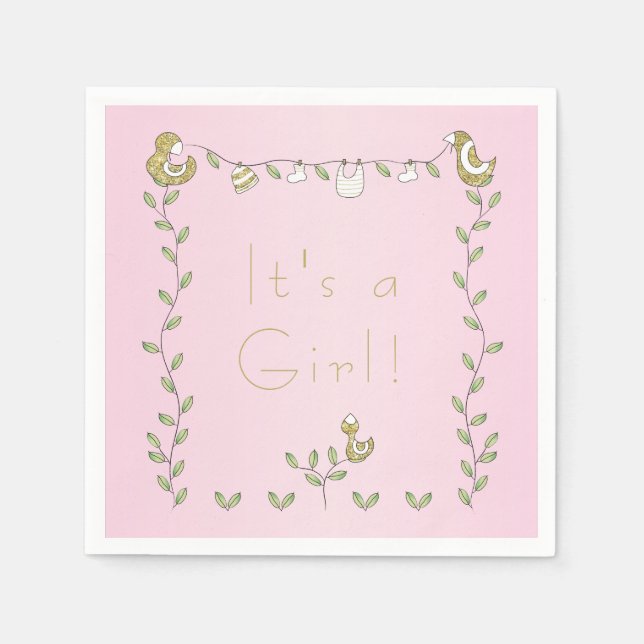 Baby Shower Standard Servett Rosa "Gulda Fåglar" (Framsidan)