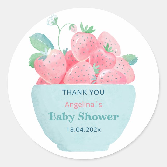 Baby Shower Sticker Strawberry Runt Klistermärke (Framsida)