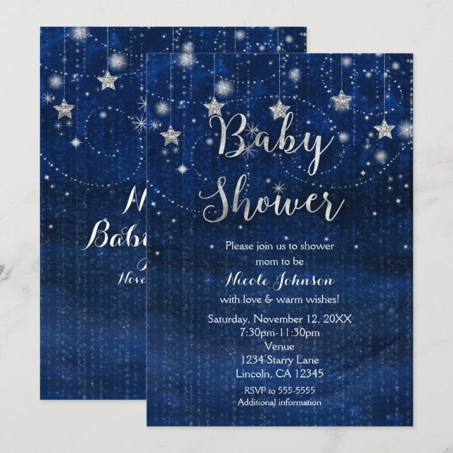 Baby Shower Stjärnklar natt Blå & Silver Inbjudan (Fram/baksida)