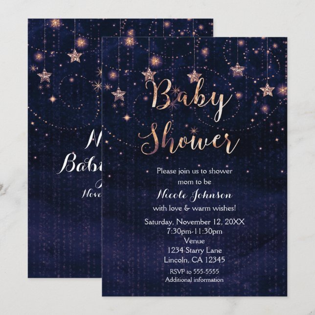 Baby Shower Stjärnklar natt Lila & Guld Inbjudan (Fram/baksida)