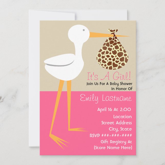 Baby shower - Stork med girafftryckpacken Inbjudningar (Framsida)