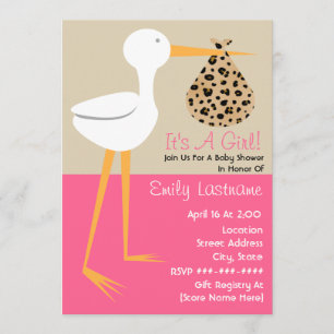 Baby shower - Stork med Leopardtryckpacken Inbjudningar